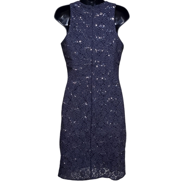 Nightway Womens Dark Blue Sequined Lace Illusion Neck Cocktail Sheath Dress Sz 8 - Picture 2 of 8